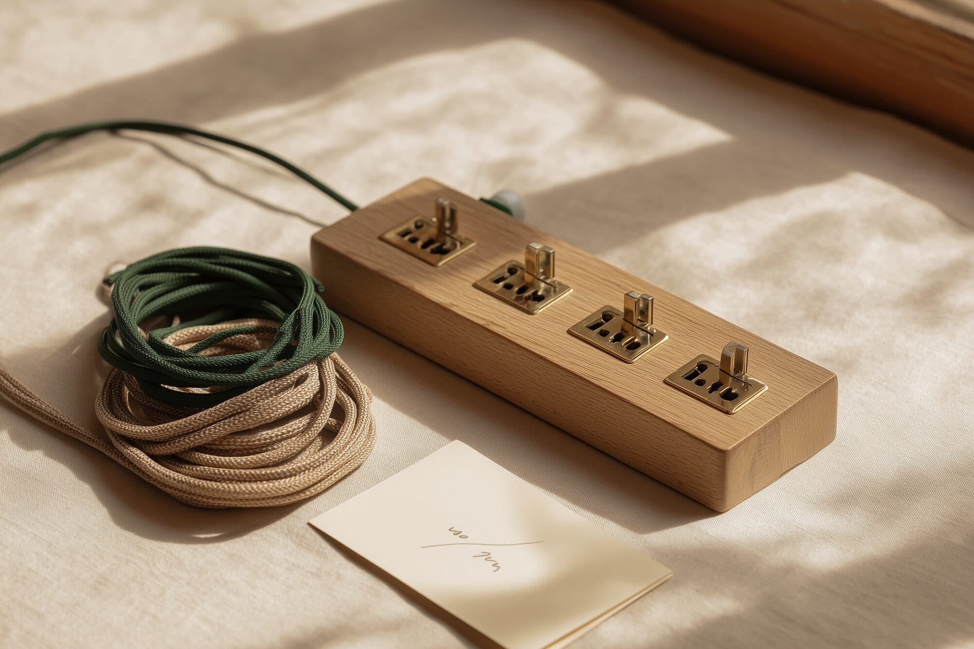 Antiek eiken schakelpaneel met vier messing contacten, gevlochten groene kabels, één fellere kabel ingeplugd, indexkaart.
