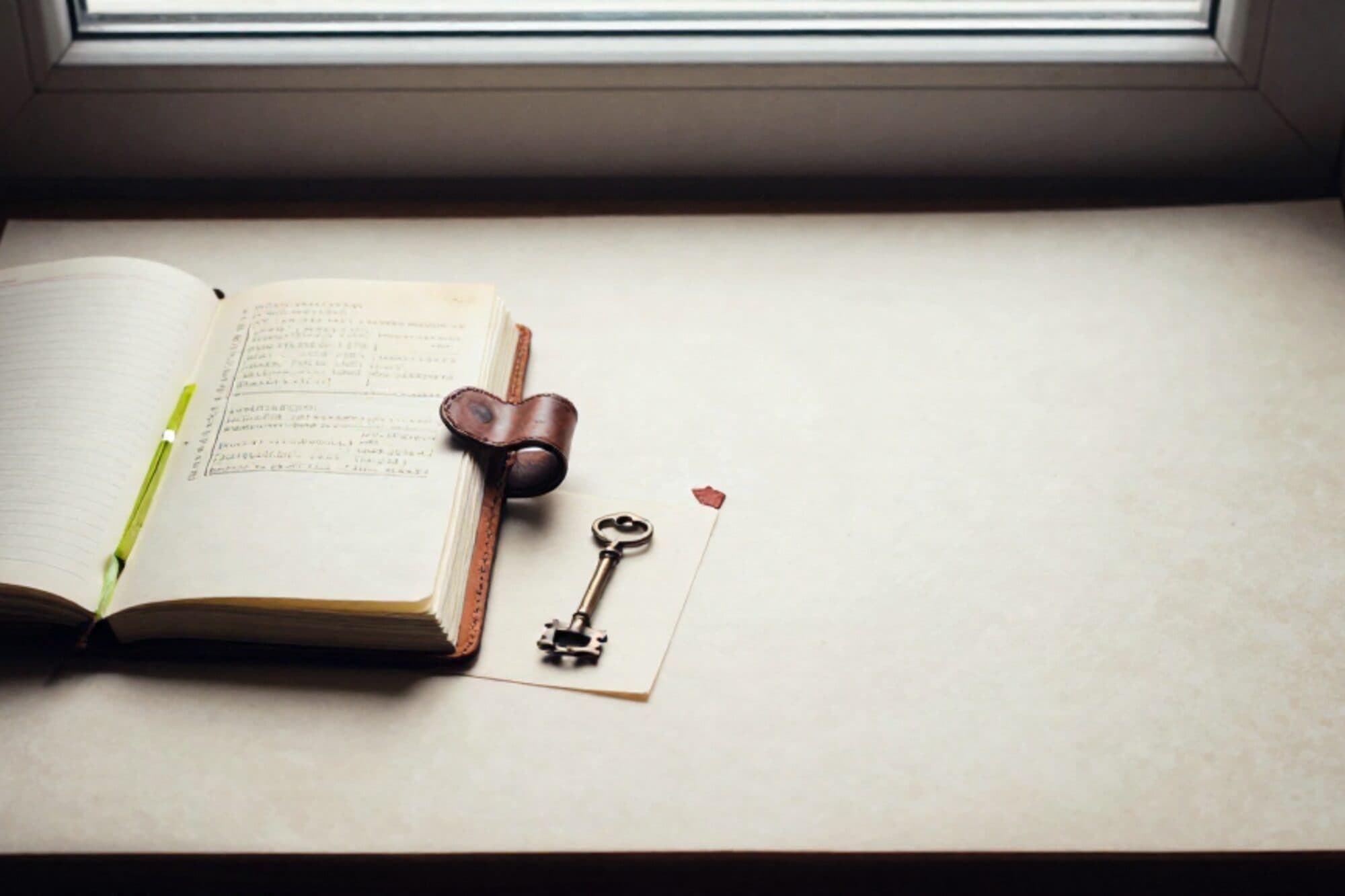 Leren logboek half open op ivoren bureau, koperen sleutel op crème kaart, gevouwen factuur, groen lint, rood lakfragment.