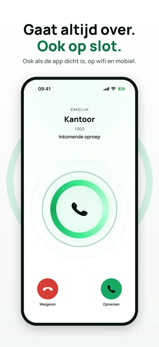 Bereikbaar op de iPhone: de kop Gaat altijd over. Ook op slot., met een inkomende oproep van Kantoor.