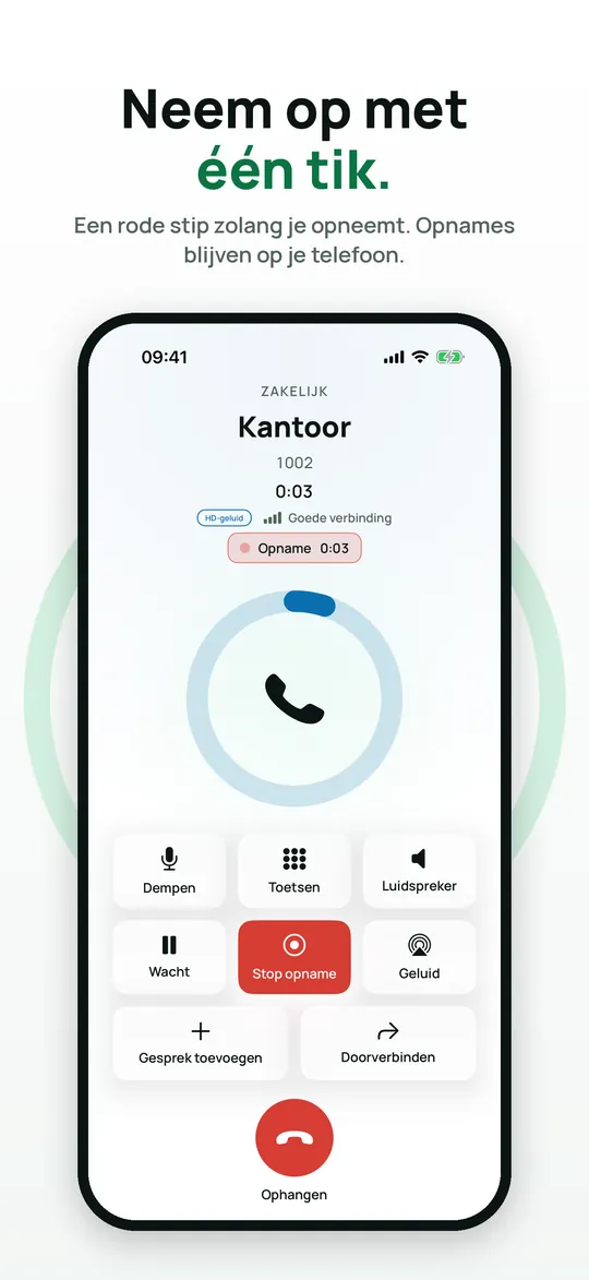 Bereikbaar op de iPhone: de kop Neem op met één tik, met een gesprek dat wordt opgenomen.