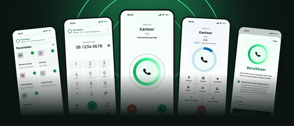 Het beeld voor de App Store-pagina van Bereikbaar: vijf telefoons met de favorieten, het toetsenbord, een inkomende oproep van Kantoor, een gesprek en de groene ring met het woord Bereikbaar.