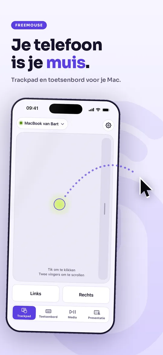 FreeMouse op de iPhone: de kop Je telefoon is je muis, met het trackpad en de knoppen Links en Rechts.