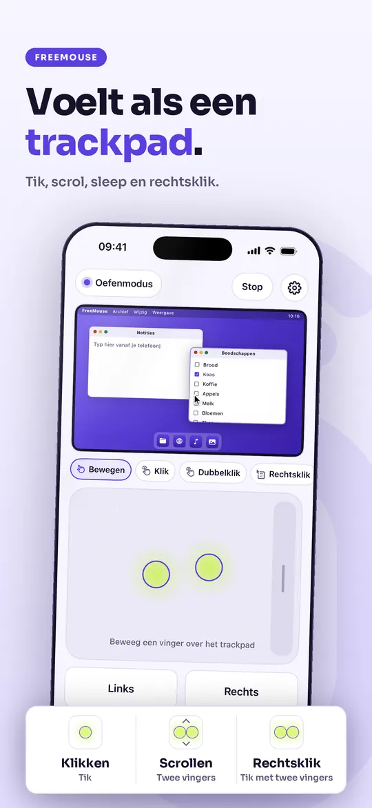 FreeMouse op de iPhone: de kop Voelt als een trackpad, met de gebaren klikken, scrollen en rechtsklik.