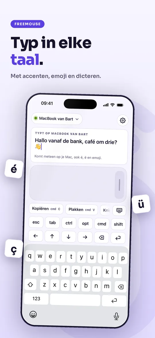 FreeMouse op de iPhone: de kop Typ in elke taal, met het toetsenbord en tekst met accenten.