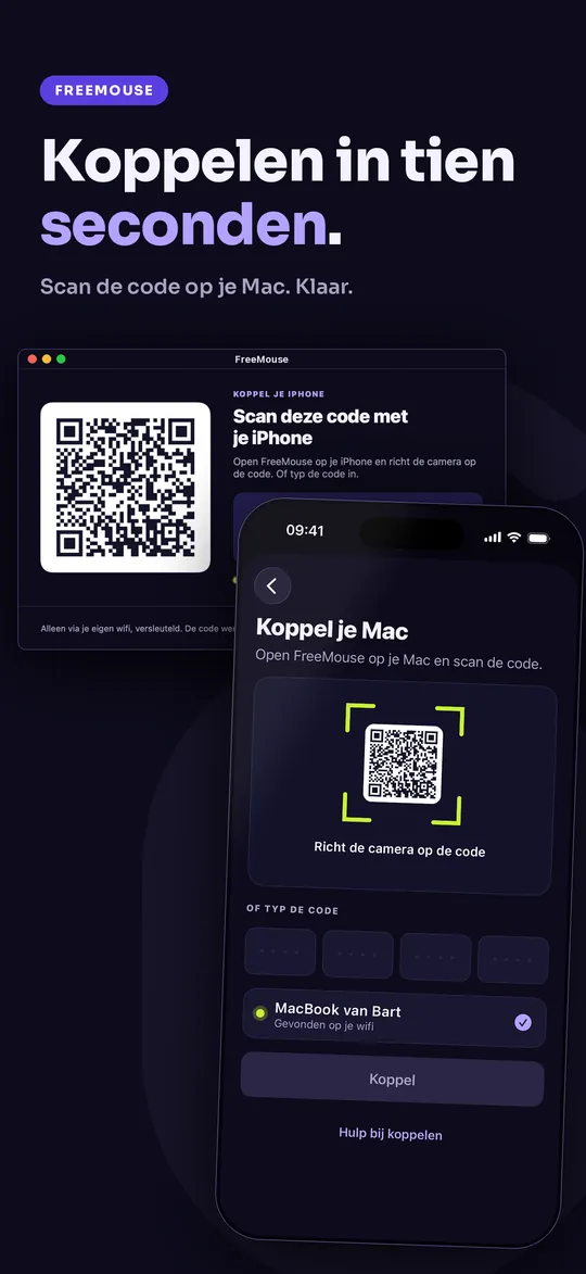 FreeMouse op de iPhone: de kop Koppelen in tien seconden, met de code op de Mac en de iPhone die hem scant.
