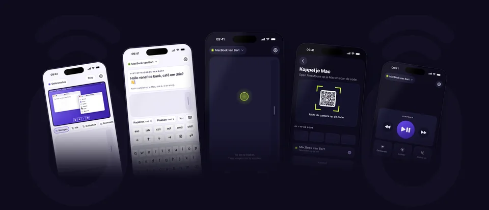 Het beeld voor de App Store-pagina van FreeMouse: telefoons met het trackpad, het toetsenbord en de knoppen voor muziek en presentaties.