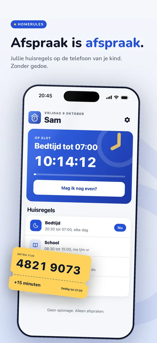 HomeRules op de iPhone: de kop Afspraak is afspraak, met Bedtijd tot 07:00 op de telefoon van Sam en een gele kaart met een code.