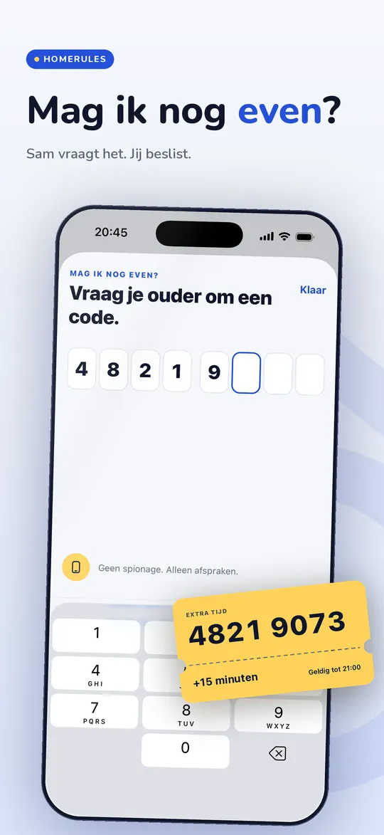 HomeRules op de iPhone: de kop Mag ik nog even?, met het scherm waarop het kind de code van de ouder intypt.