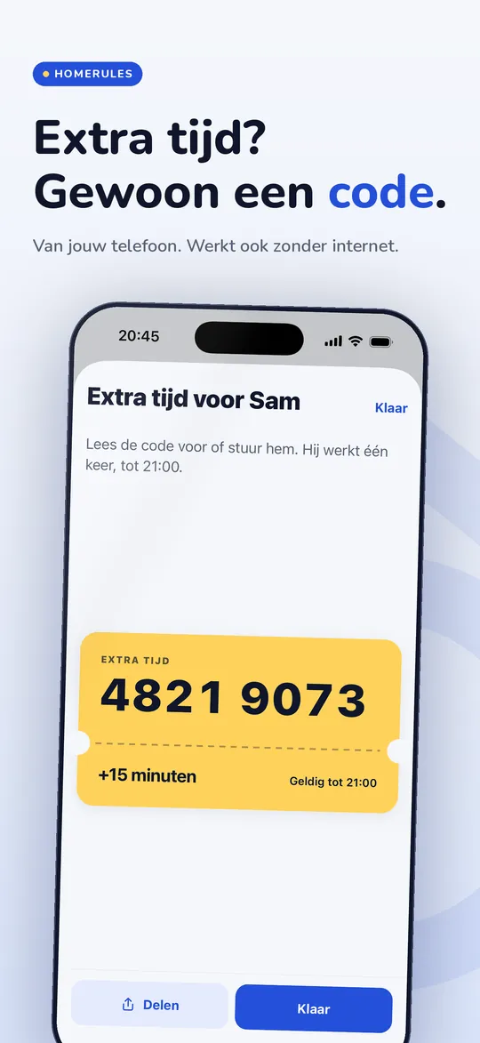 HomeRules op de iPhone: de kop Extra tijd? Gewoon een code., met een code van acht cijfers voor extra tijd.