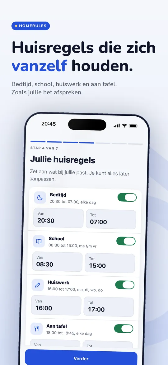 HomeRules op de iPhone: de kop Huisregels die zich vanzelf houden, met Bedtijd, School, Huiswerk en Aan tafel.