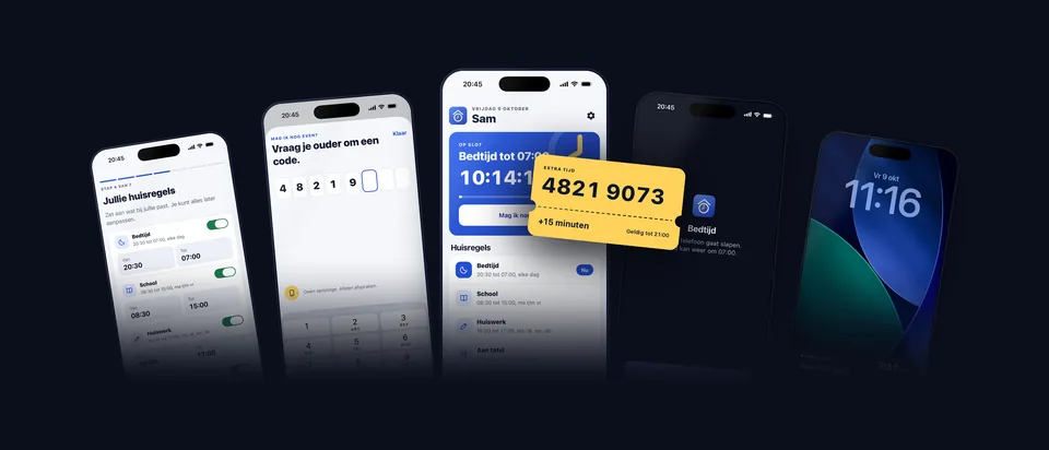 Het beeld voor de App Store-pagina van HomeRules: telefoons met de huisregels van Sam, de vraag Mag ik nog even? en een gele kaart met een code voor extra tijd.
