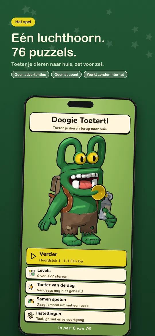 HONK! Doogie op de iPhone: de kop Eén luchthoorn. 76 puzzels., met Doogie op het titelscherm.