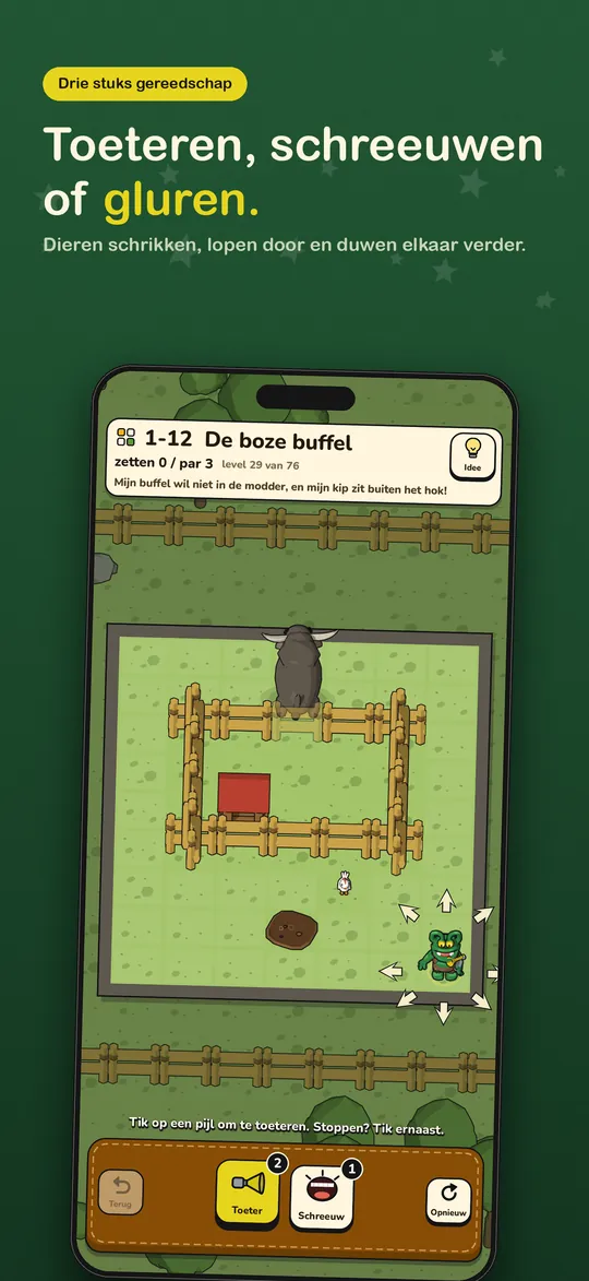 HONK! Doogie op de iPhone: de kop Toeteren, schreeuwen of gluren, met een level waarin een buffel in een omheining staat.