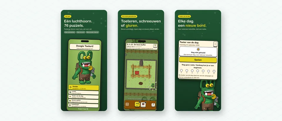 Drie beelden van HONK! Doogie voor de App Store naast elkaar: het titelscherm met Doogie, een level met een boze buffel en de toeter van de dag.