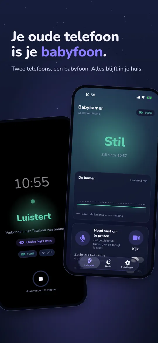 NightEar op de iPhone: de kop Je oude telefoon is je babyfoon, met de babykant die Luistert en de ouderkant die Stil laat zien.