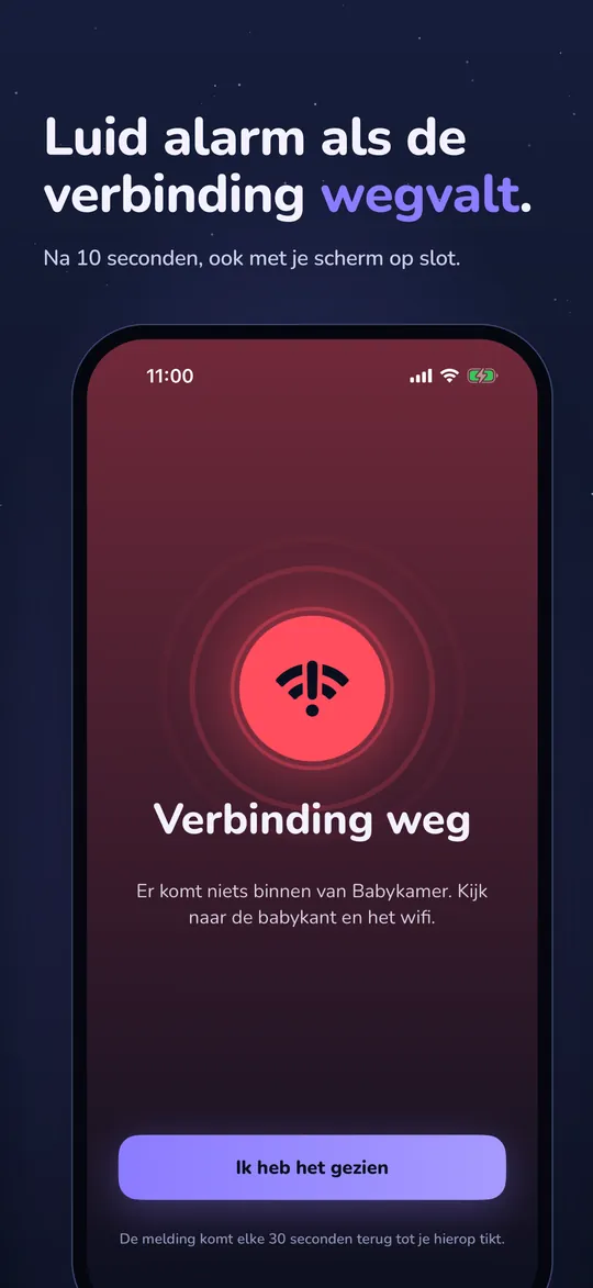 NightEar op de iPhone: de kop Luid alarm als de verbinding wegvalt, met de melding Verbinding weg.
