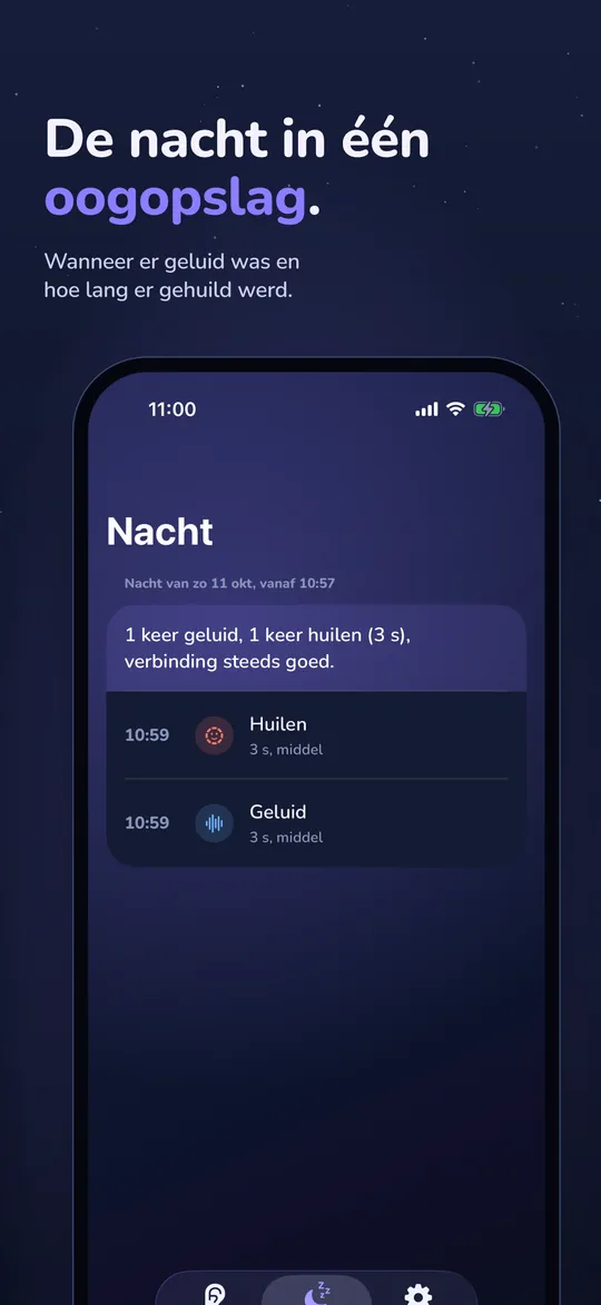 NightEar op de iPhone: de kop De nacht in één oogopslag, met het nachtlog met één keer geluid en één keer huilen.