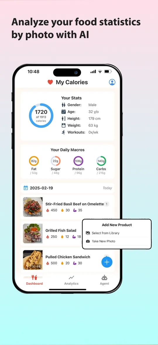 NutriMate in de App Store: de kop Analyze your food statistics by photo with AI, met het overzicht van een dag.