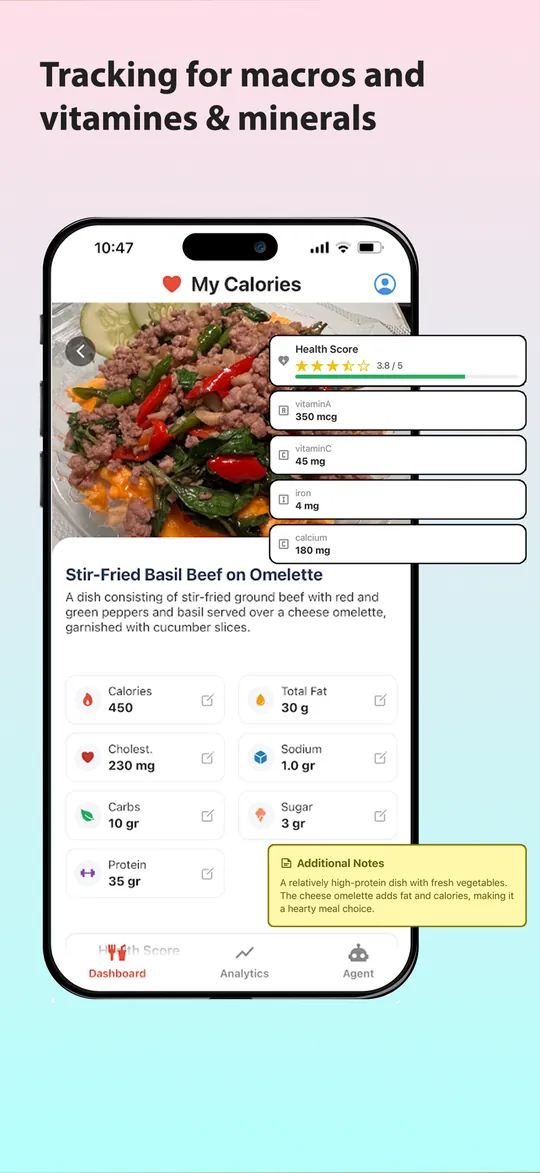 NutriMate in de App Store: de kop Tracking for macros and vitamines and minerals, met een maaltijd en de voedingsstoffen erin.