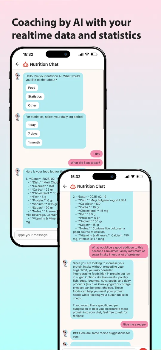 NutriMate in de App Store: de kop Coaching with your realtime data and statistics, met een gesprek met de coach in de app.
