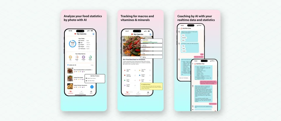 Drie beelden van NutriMate uit de App Store naast elkaar: een maaltijd analyseren met een foto, voedingsstoffen bijhouden en coaching in de app.