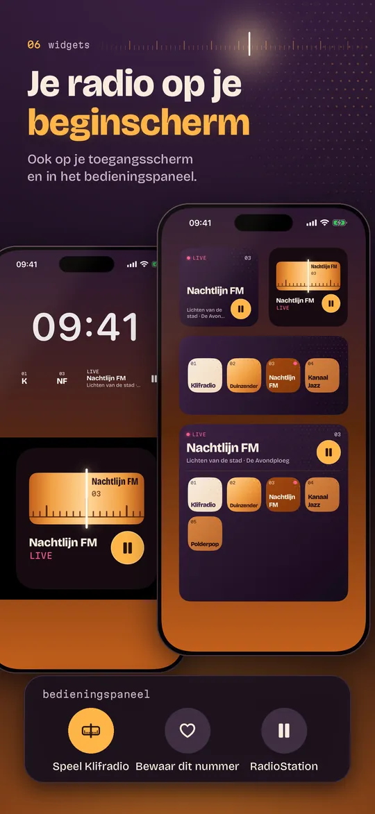RadioStation op de iPhone: de kop Je radio op je beginscherm, met widgets op het beginscherm, het toegangsscherm en in het bedieningspaneel.