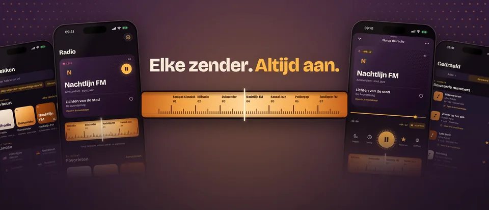Het beeld voor de App Store-pagina van RadioStation: de kop Elke zender. Altijd aan., een koperen zenderschaal en vier telefoons met de radio, de speler en de bewaarde nummers.
