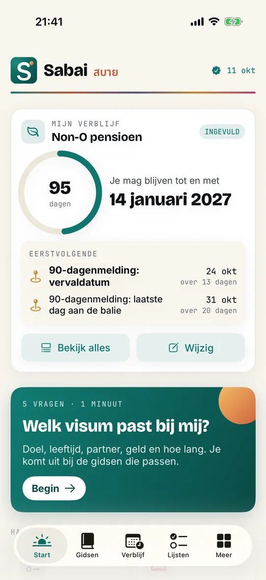 De Sabai-app op de iPhone: het startscherm met de dagen tot het einde van je verblijf en de eerstvolgende 90-dagenmelding.