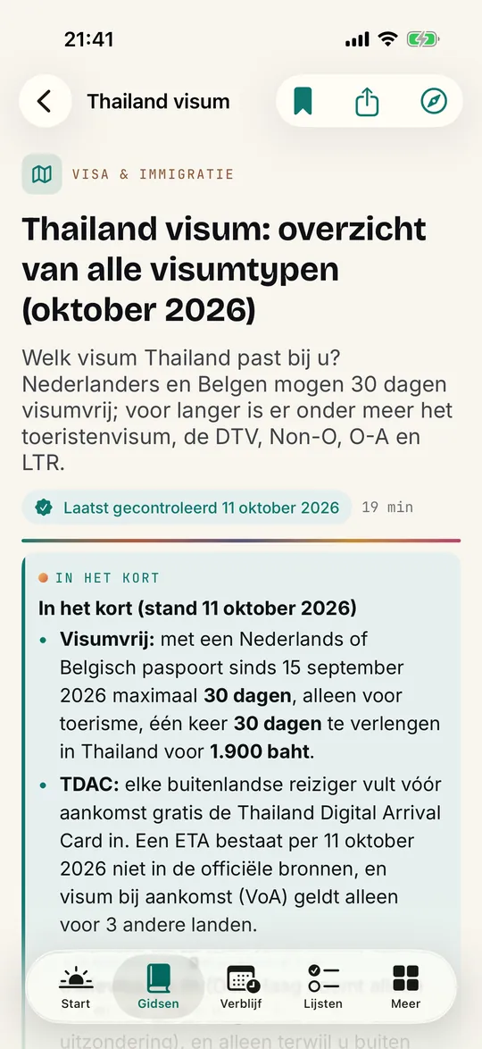 De Sabai-app op de iPhone: de gids Thailand visum, een overzicht van alle visumtypen, met de datum waarop hij laatst is gecontroleerd.