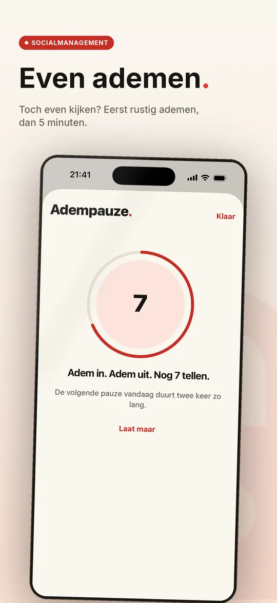 SocialManagement op de iPhone: de kop Even ademen, met een adempauze die nog zeven tellen duurt.