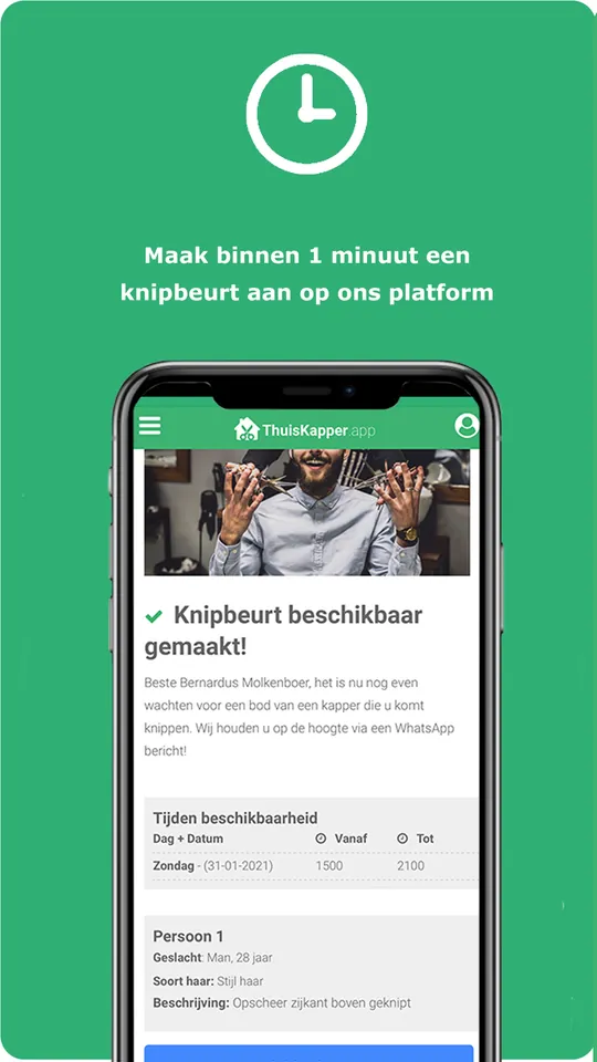 Thuiskapper in de App Store: de kop Maak binnen 1 minuut een knipbeurt aan op ons platform, met het formulier voor een knipbeurt.