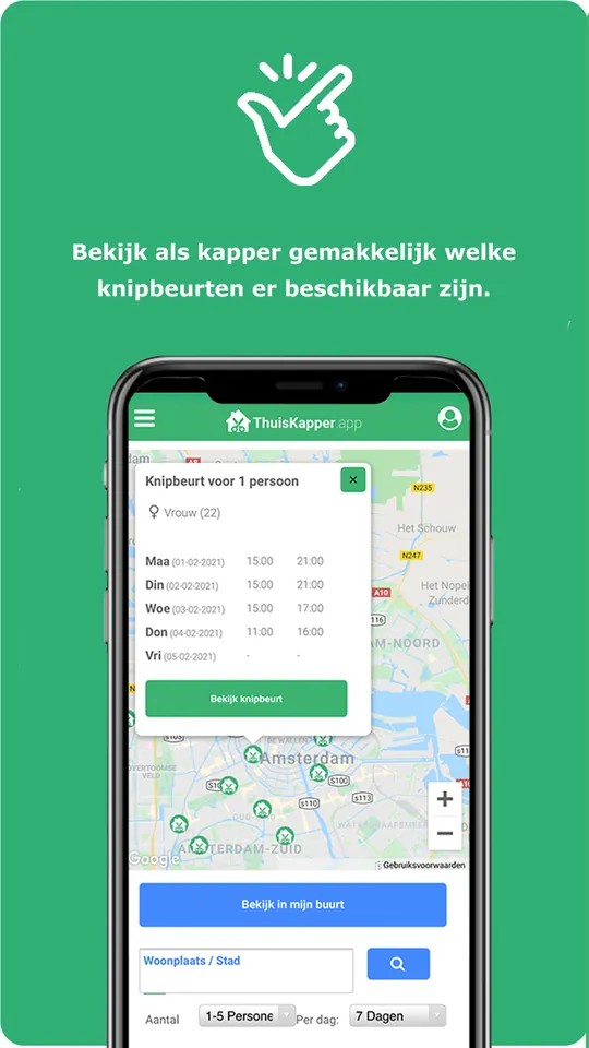 Thuiskapper in de App Store: de kop Bekijk als kapper gemakkelijk welke knipbeurten er beschikbaar zijn, met een kaart en een lijst.