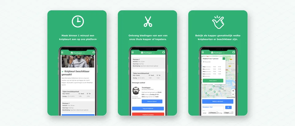 Drie beelden van Thuiskapper uit de App Store naast elkaar: een knipbeurt plaatsen, biedingen van thuiskappers ontvangen en als kapper beschikbare knipbeurten bekijken.
