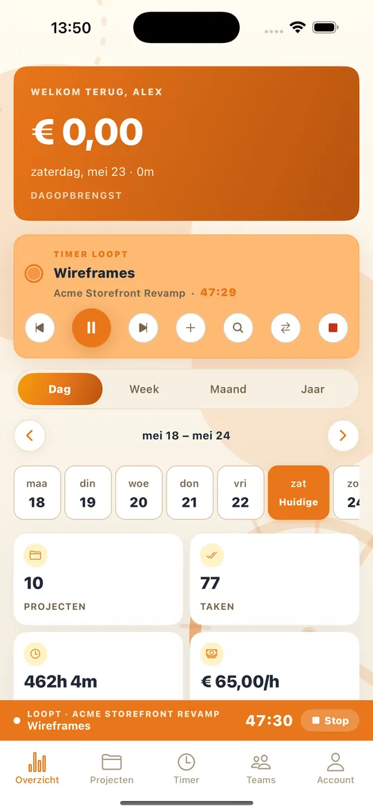 Tikuren op de iPhone: het overzicht met een lopende timer, de opbrengst van de dag, een weekbalk en tellers voor projecten, taken en uren.