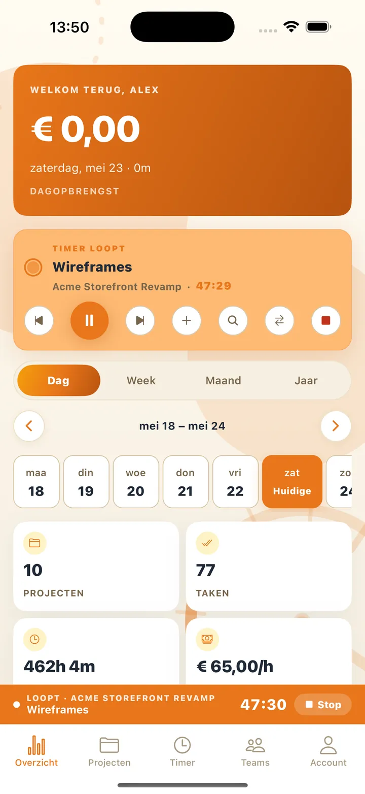 Tikuren op de iPhone: het overzicht met een lopende timer, de opbrengst van de dag, een weekbalk en tellers voor projecten, taken en uren.