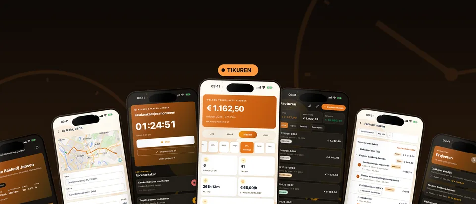Het beeld bovenaan de App Store-pagina van Tikuren: zeven telefoons met een lopende timer, een rit op de kaart, het overzicht met de opbrengst van de maand, de facturen en een factuur die gemaakt wordt.