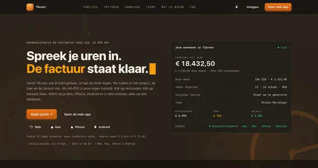 Voorpagina van tikuren.com: de kop Spreek je uren in, de factuur staat klaar op een donkere achtergrond, met daarnaast een voorbeeldscherm van de weekstand in de app
