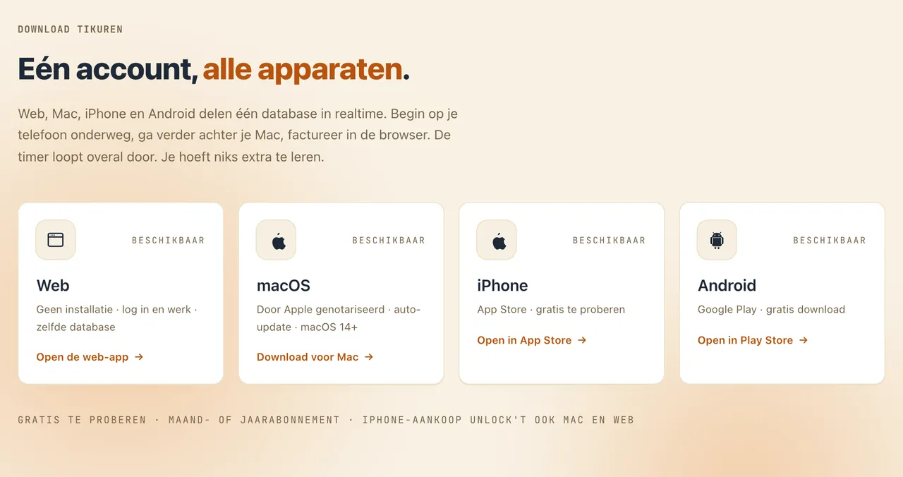 De downloadsectie van tikuren.com met de kop Eén account, alle apparaten en vier kaarten voor Web, macOS, iPhone en Android, elk met het label Beschikbaar.